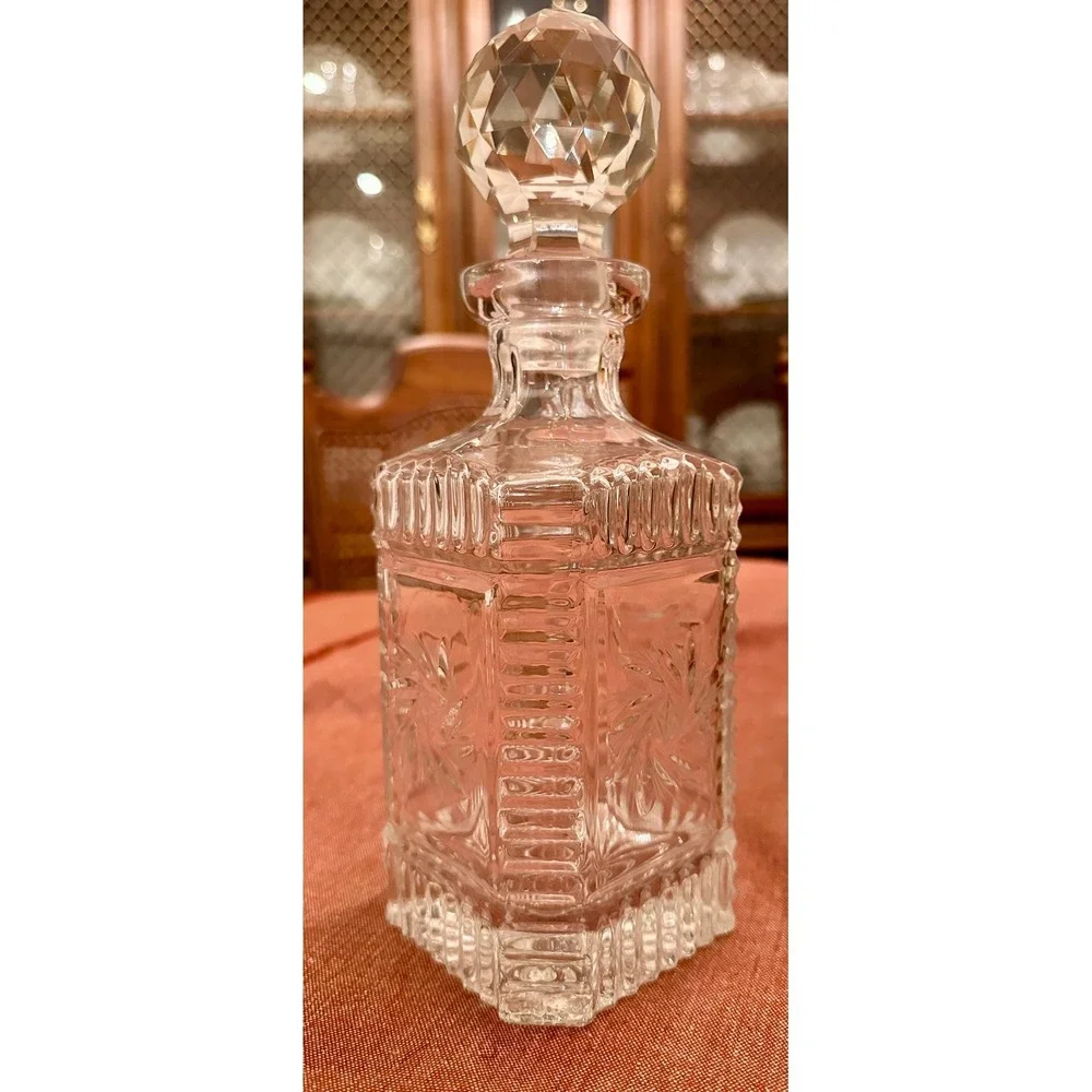 Vintage Square Pressed Glass Decanter – Starburst & Diamond Point Design
